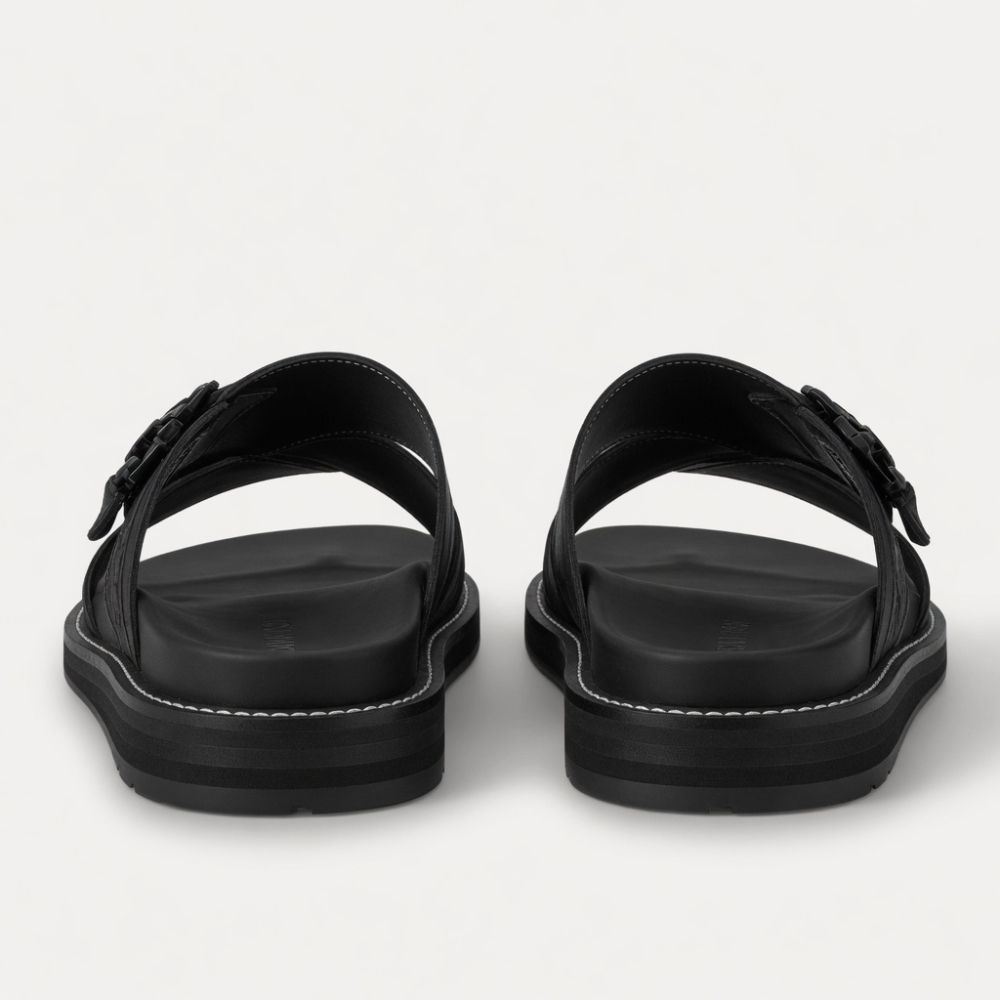 Classic Black Cross Strap Slide Sandals with Decorative Accent